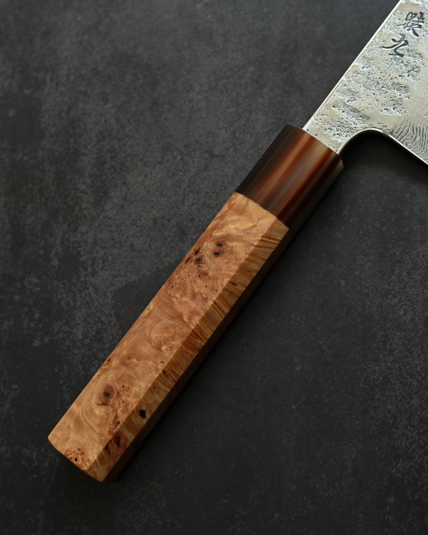 Saruku Homura-Un Santoku Knife 180mm Japanese Kitchen Knife SPG2 Damascus  Burl Wood Handle  Buffalo Horn Ferrule