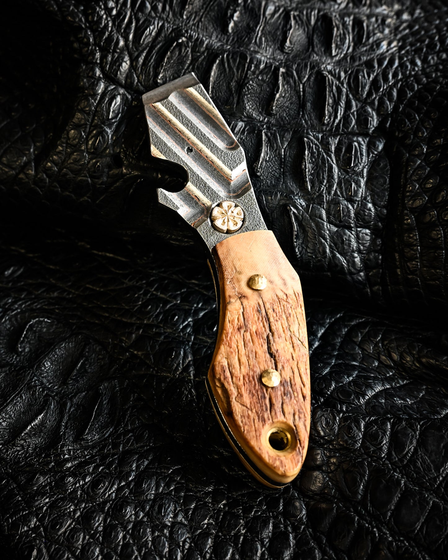 Made in Japan Wtopia One-Off VG7 Laminated Steel EDC Pry Bar / Bottle Opener with Mammoth Ivory Handle and Silver Apricot Blossom Inlay