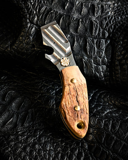 Made in Japan Wtopia One-Off VG7 Laminated Steel EDC Pry Bar / Bottle Opener with Mammoth Ivory Handle and Silver Apricot Blossom Inlay