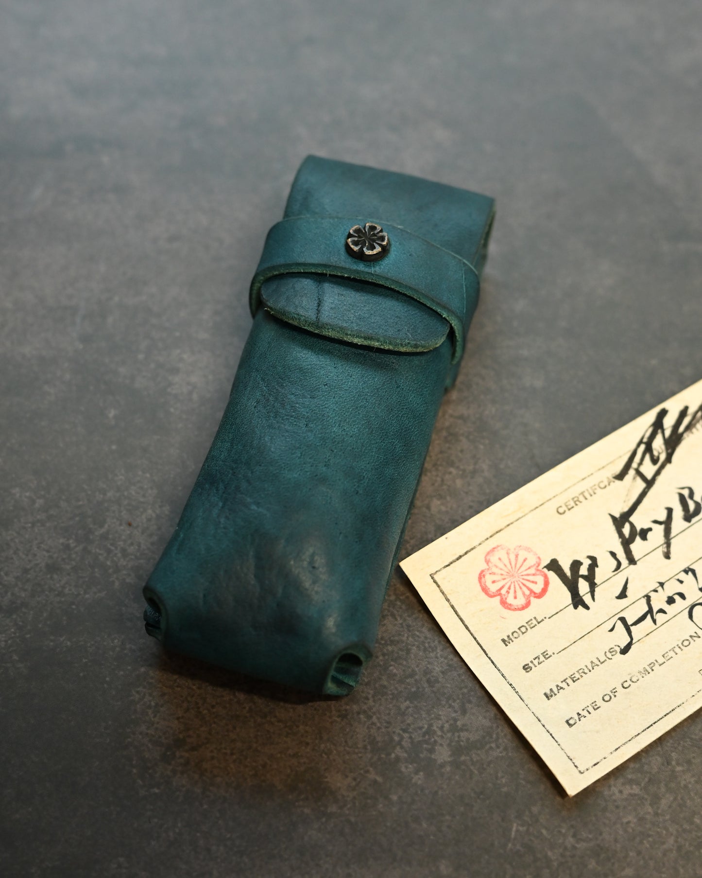 Wtopia Handmade Knife/Tool/Flashlight Pouch – Japanese Shell Cordovan with Bronze Cherry Blossom Inlay