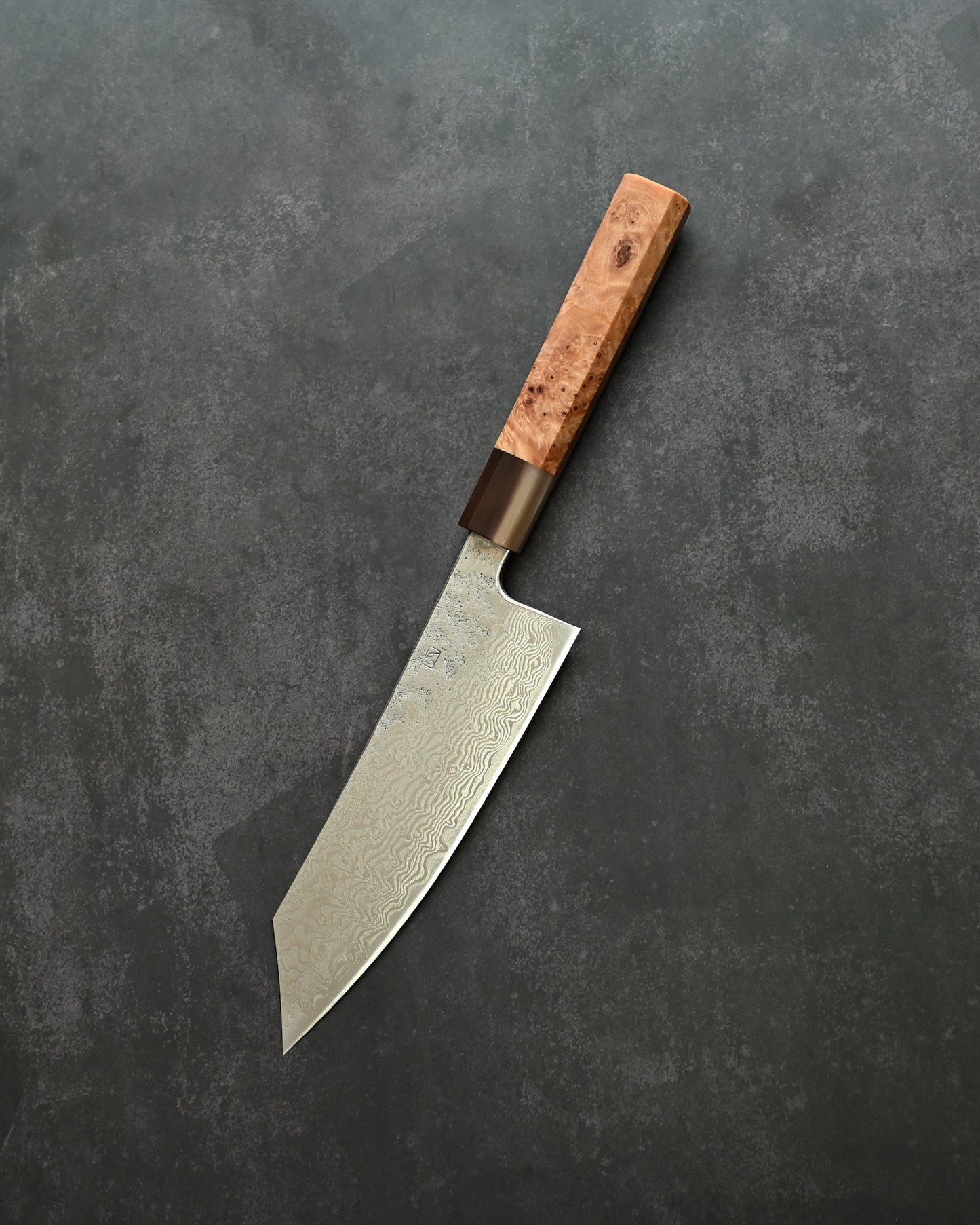 Saruku Homura-Un Santoku Knife 180mm Japanese Kitchen Knife SPG2 Damascus  Burl Wood Handle  Buffalo Horn Ferrule