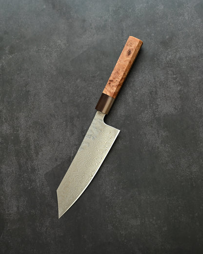 Saruku Homura-Un Santoku Knife 180mm Japanese Kitchen Knife SPG2 Damascus  Burl Wood Handle  Buffalo Horn Ferrule