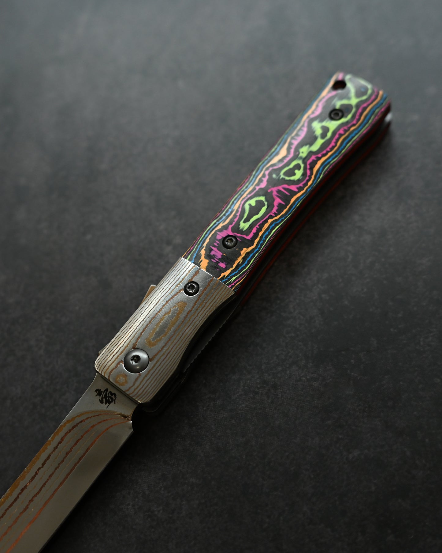 Haoworks Design Eirou  (Shadow Wolf) SG2 Mokume Damascus Folding Knife  Neon Lava Handle
