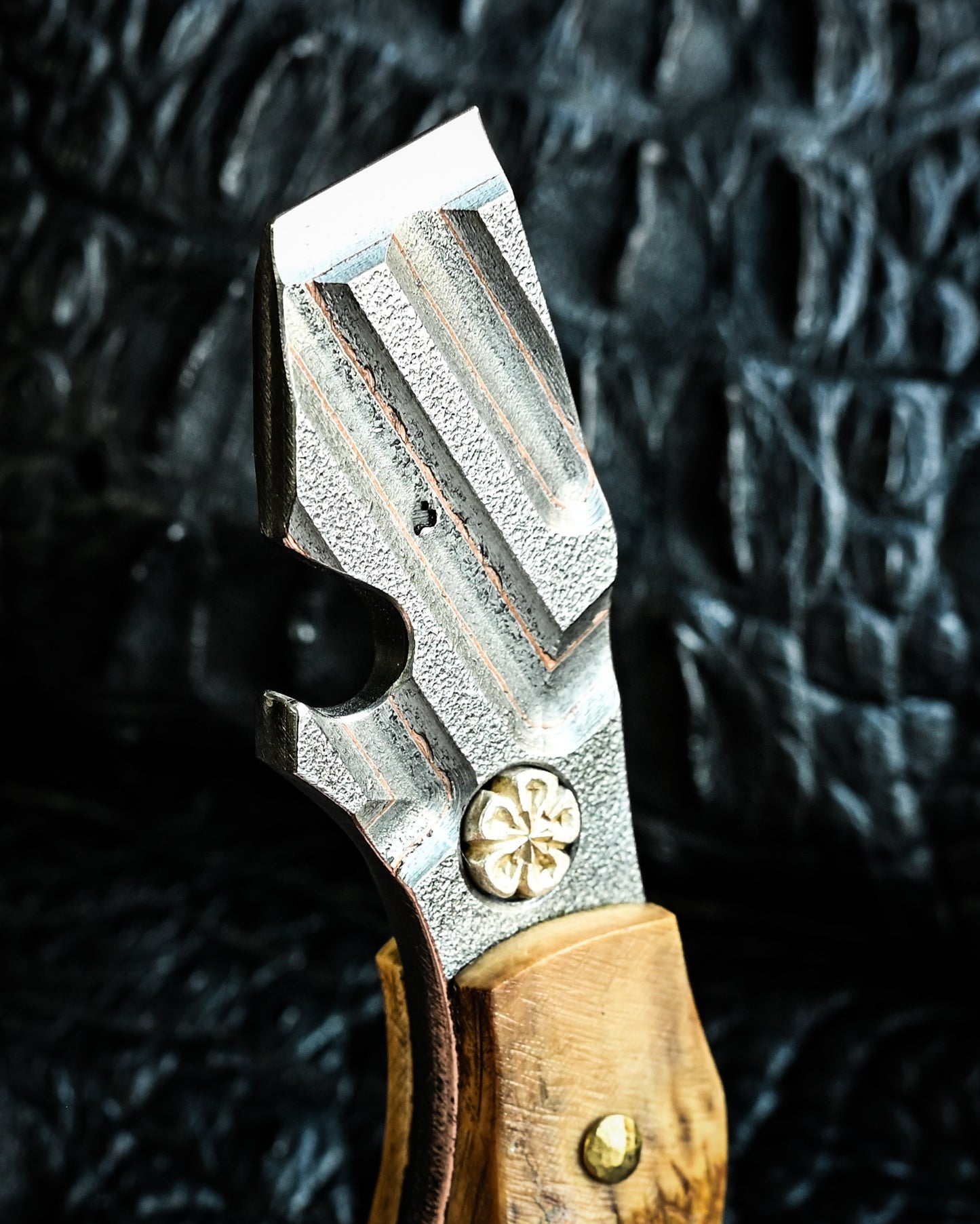 Made in Japan Wtopia One-Off VG7 Laminated Steel EDC Pry Bar / Bottle Opener with Mammoth Ivory Handle and Silver Apricot Blossom Inlay