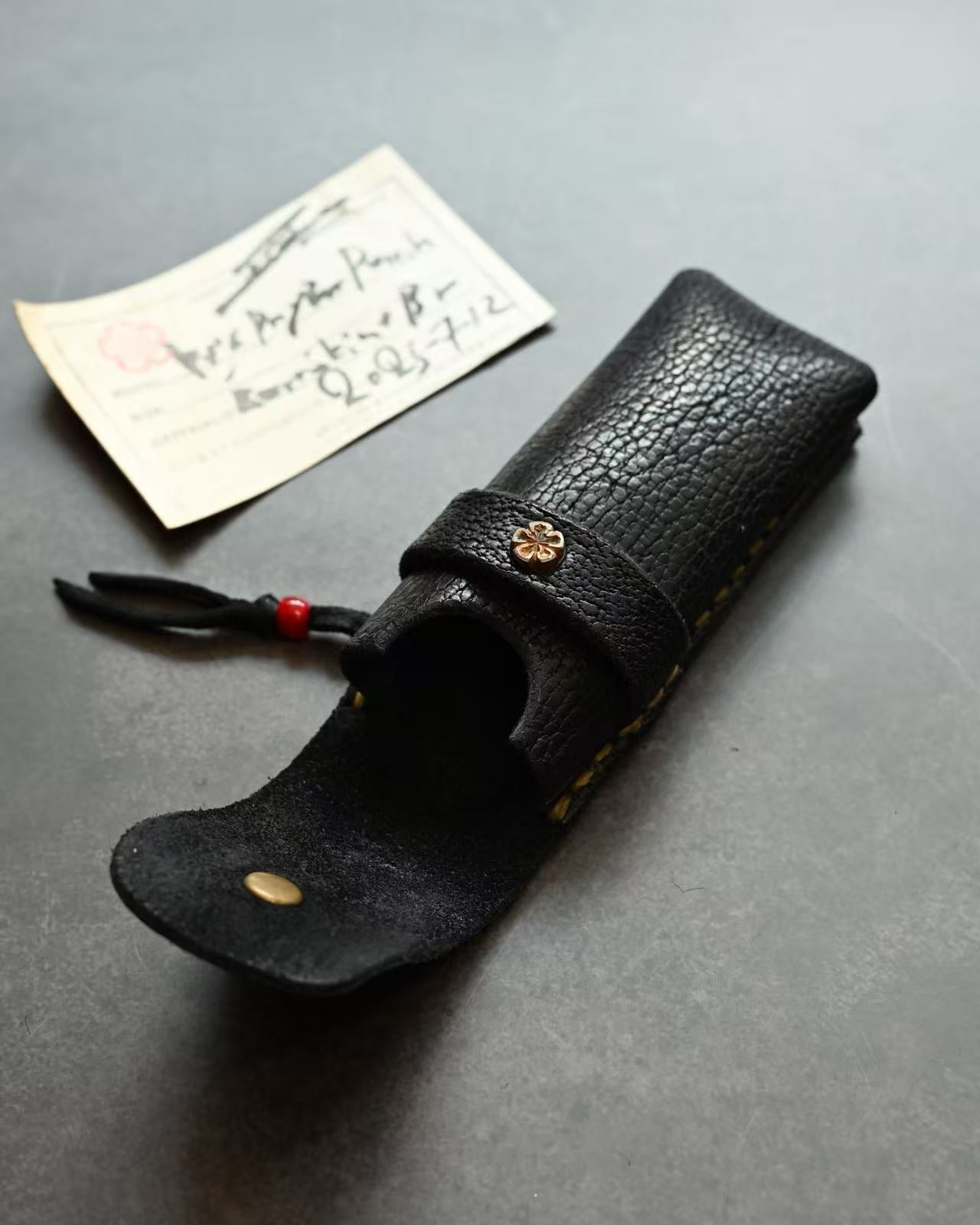 Wtopia Handmade Knife/Tool/Flashlight Pouch｜Japanese Bear Leather with Bronze Cherry Blossom Inlay｜Includes Pendant & Hand-Signed Birth Card