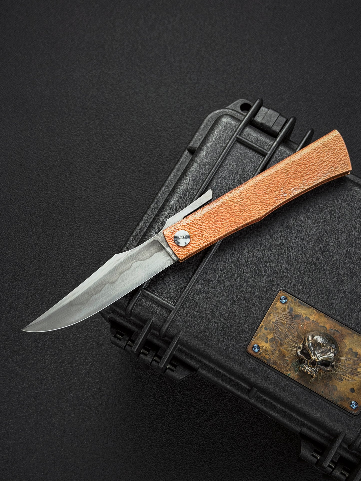 Handmade Higonokami-Style EDC Custom Folding Knife Orange-Peel Copper Handle with W2 Hamon Blade