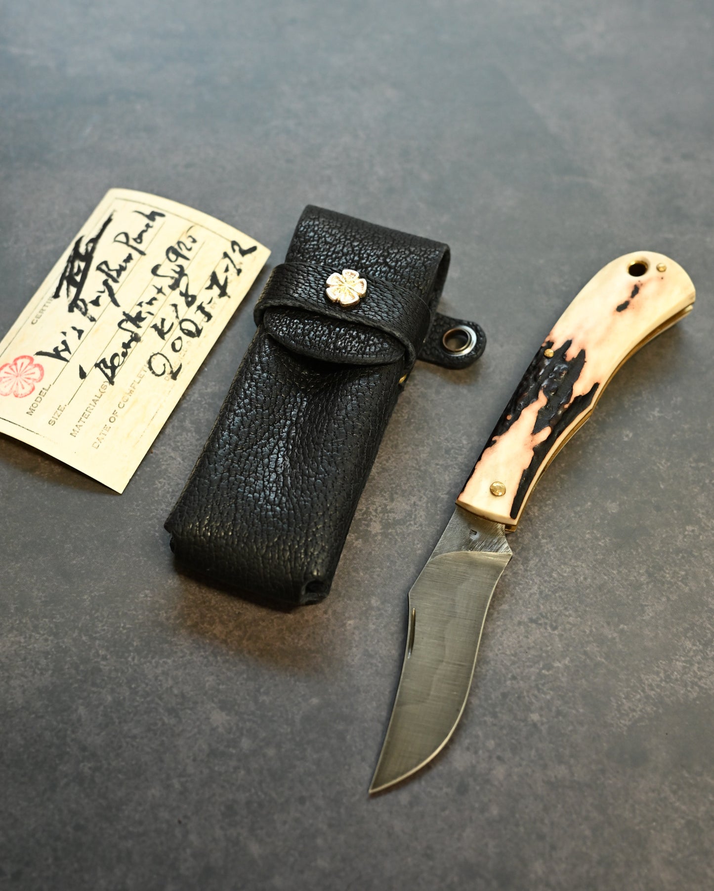 Wtopia One-off Bear Leather Knife Pouch | 925 Silver Apricot Blossom Inlay | Limited Handmade