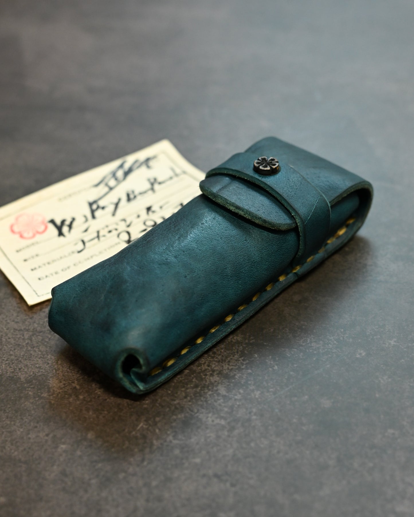 Wtopia Handmade Knife/Tool/Flashlight Pouch – Japanese Shell Cordovan with Bronze Cherry Blossom Inlay
