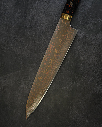 佐治武士 V金10W 有色ダマスカス 牛刀 240mm 黒茶コーリアンハンドル 手打ち包丁