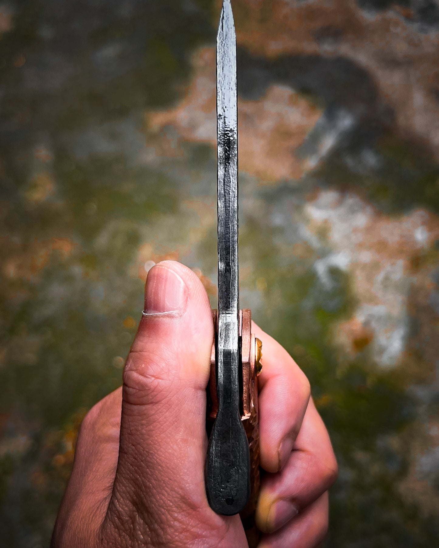 Fat Guard Style Custom Folding Knife – Hand-Forged Damascus San Mai Blade with O1 Core & Hammered Copper Handle (Limited to 20)