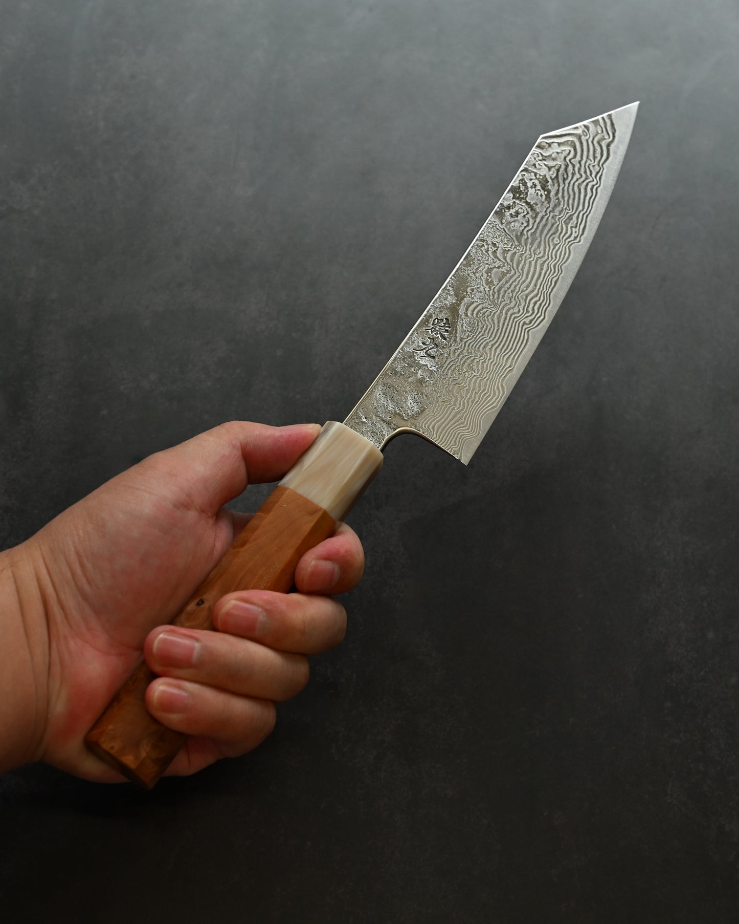Saruku Homura-Un Knife 165mm Japanese Kitchen Knife SPG2 Damascus  Burl Wood Handle  Buffalo Horn Ferrule
