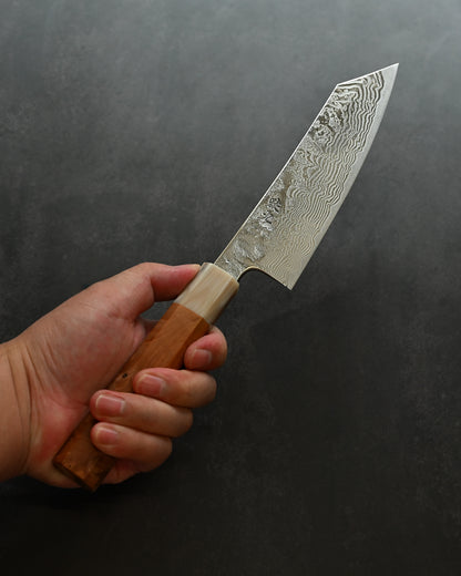 Saruku Homura-Un Knife 165mm Japanese Kitchen Knife SPG2 Damascus  Burl Wood Handle  Buffalo Horn Ferrule