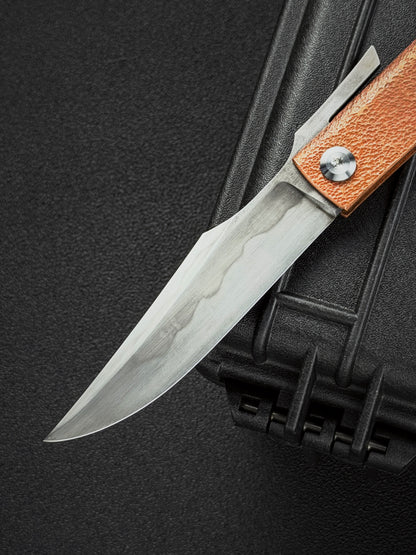 Handmade Higonokami-Style EDC Custom Folding Knife Orange-Peel Copper Handle with W2 Hamon Blade