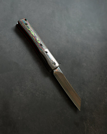 Haoworks Design Eirou  (Shadow Wolf) SG2 Mokume Damascus Folding Knife  Neon Lava Handle