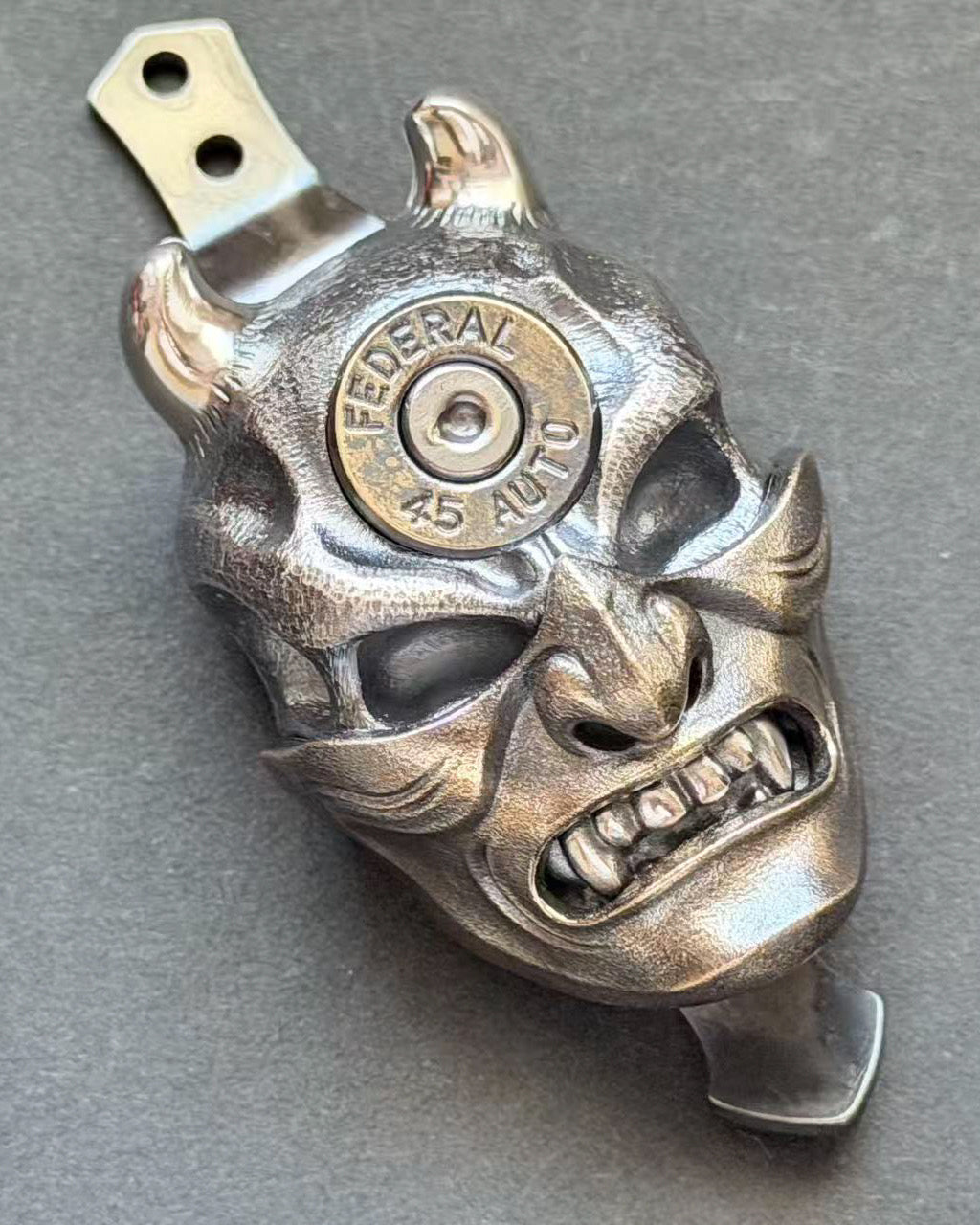 Steel Flame XXXL Hannya Skull Pen Clip – 925 Silver with Bronze 45A Mask