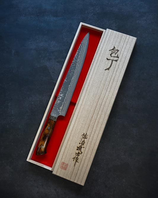 Takeshi Saji Chef KnifeVG10 Damascus  Sujihiki270mm – Brown Bone Handle