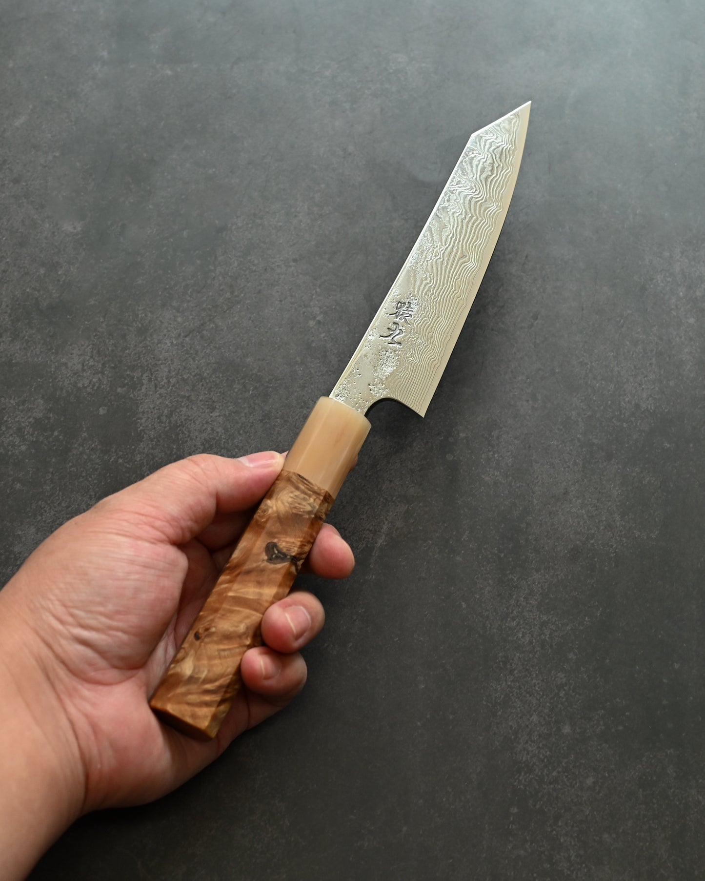 Saruku Homura-Un Petty Knife 135mm Japanese Kitchen Knife SPG2 Damascus  Burl Wood Handle  Buffalo Horn Ferrule