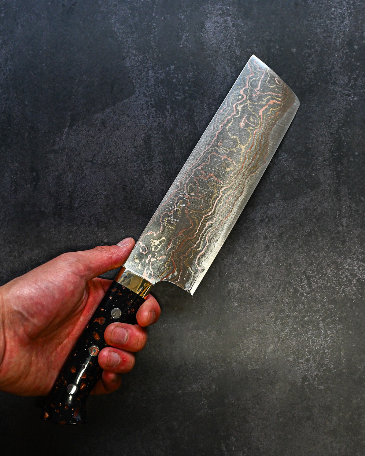 佐治武士 青有色ダマスカス 菜切 165mm 黒茶コーリアンハンドル 手打ち包丁