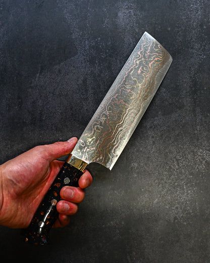 佐治武士 青有色ダマスカス 菜切 165mm 黒茶コーリアンハンドル 手打ち包丁