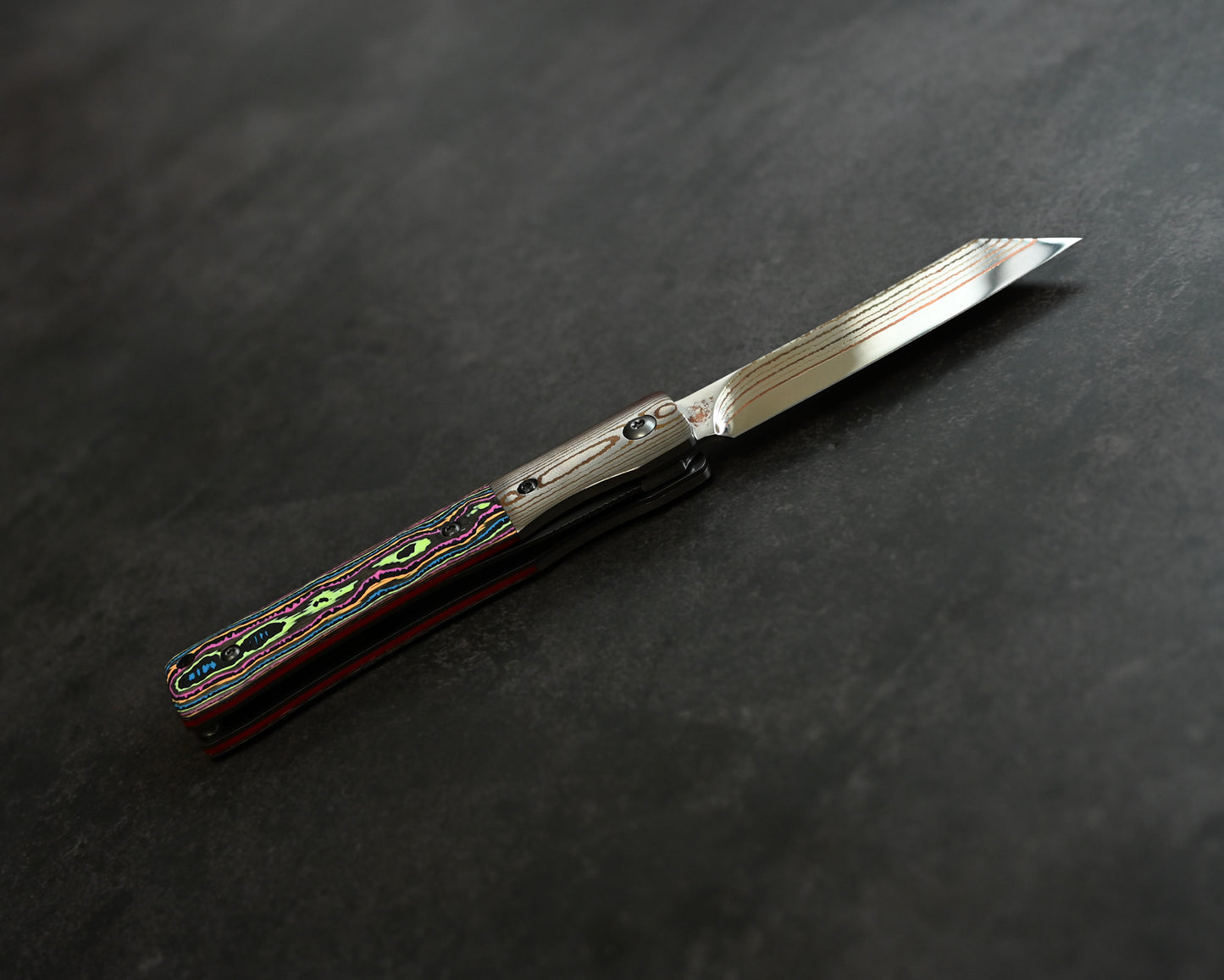Haoworks Design Eirou  (Shadow Wolf) SG2 Mokume Damascus Folding Knife  Neon Lava Handle