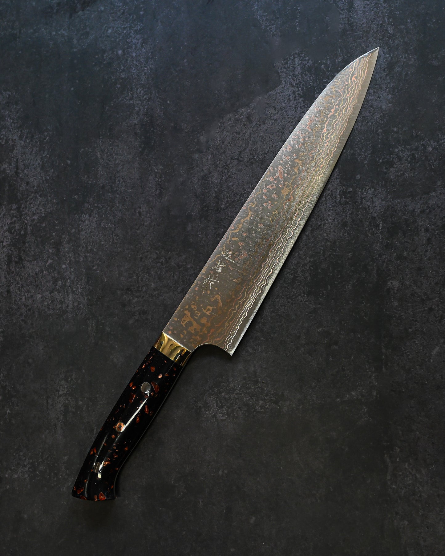 佐治武士 V金10W 有色ダマスカス 牛刀 240mm 黒茶コーリアンハンドル 手打ち包丁