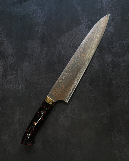佐治武士 V金10W 有色ダマスカス 牛刀 240mm 黒茶コーリアンハンドル 手打ち包丁