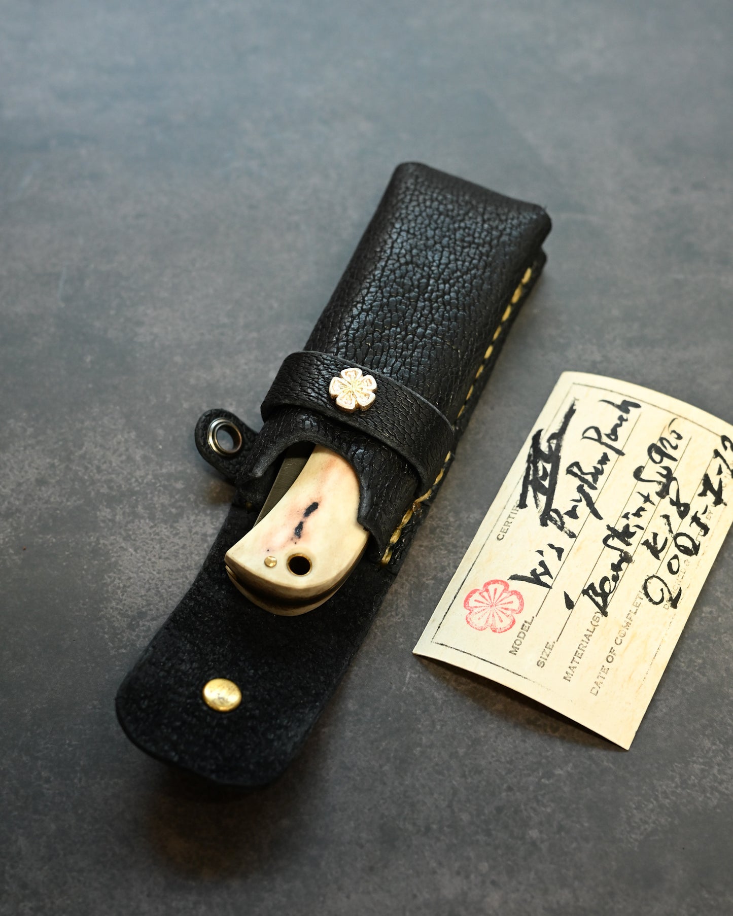Wtopia One-off Bear Leather Knife Pouch | 925 Silver Apricot Blossom Inlay | Limited Handmade