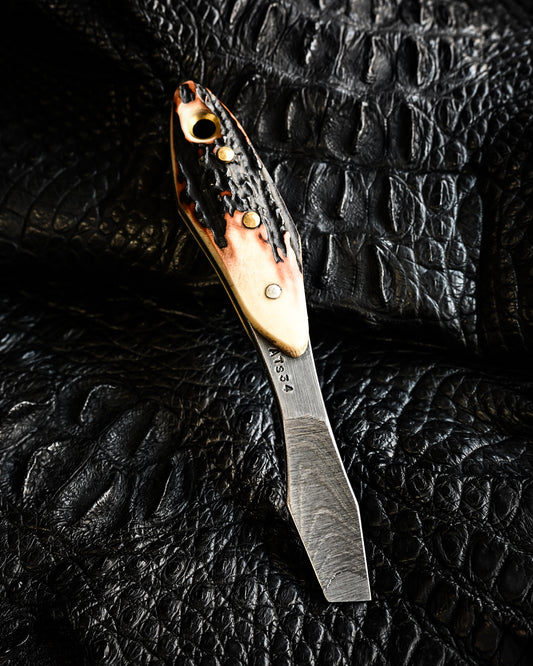 Made in Japan Wtopia One-Off ATS34 Laminated Steel “Gray Swan” EDC Pry Bar / Bottle Opener with Hokkaido Deer Antler Handle and Silver Apricot Blossom Inlay