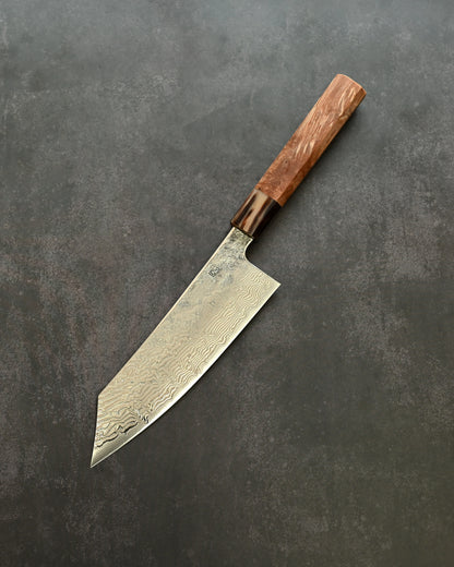 Saruku Homura-Un Santoku Knife 180mm Japanese Kitchen Knife SPG2 Damascus  Burl Wood Handle  Buffalo Horn Ferrule