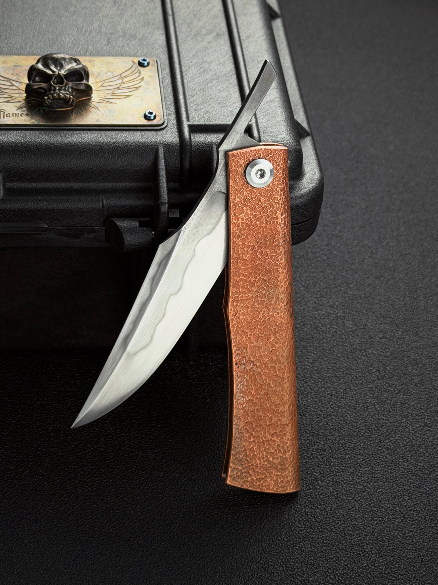 Handmade Higonokami-Style EDC Custom Folding Knife Orange-Peel Copper Handle with W2 Hamon Blade