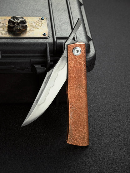 Handmade Higonokami-Style EDC Custom Folding Knife Orange-Peel Copper Handle with W2 Hamon Blade