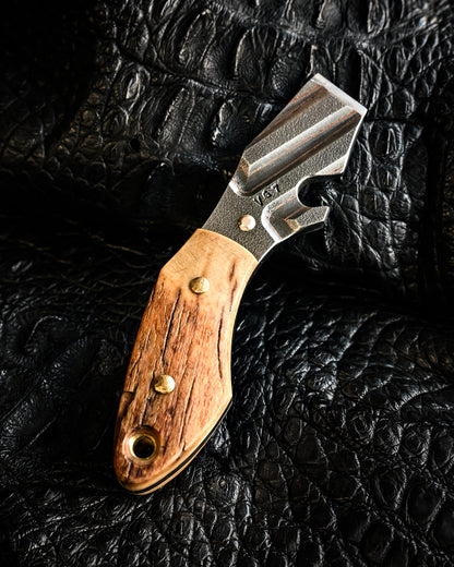 Made in Japan Wtopia One-Off VG7 Laminated Steel EDC Pry Bar / Bottle Opener with Mammoth Ivory Handle and Silver Apricot Blossom Inlay