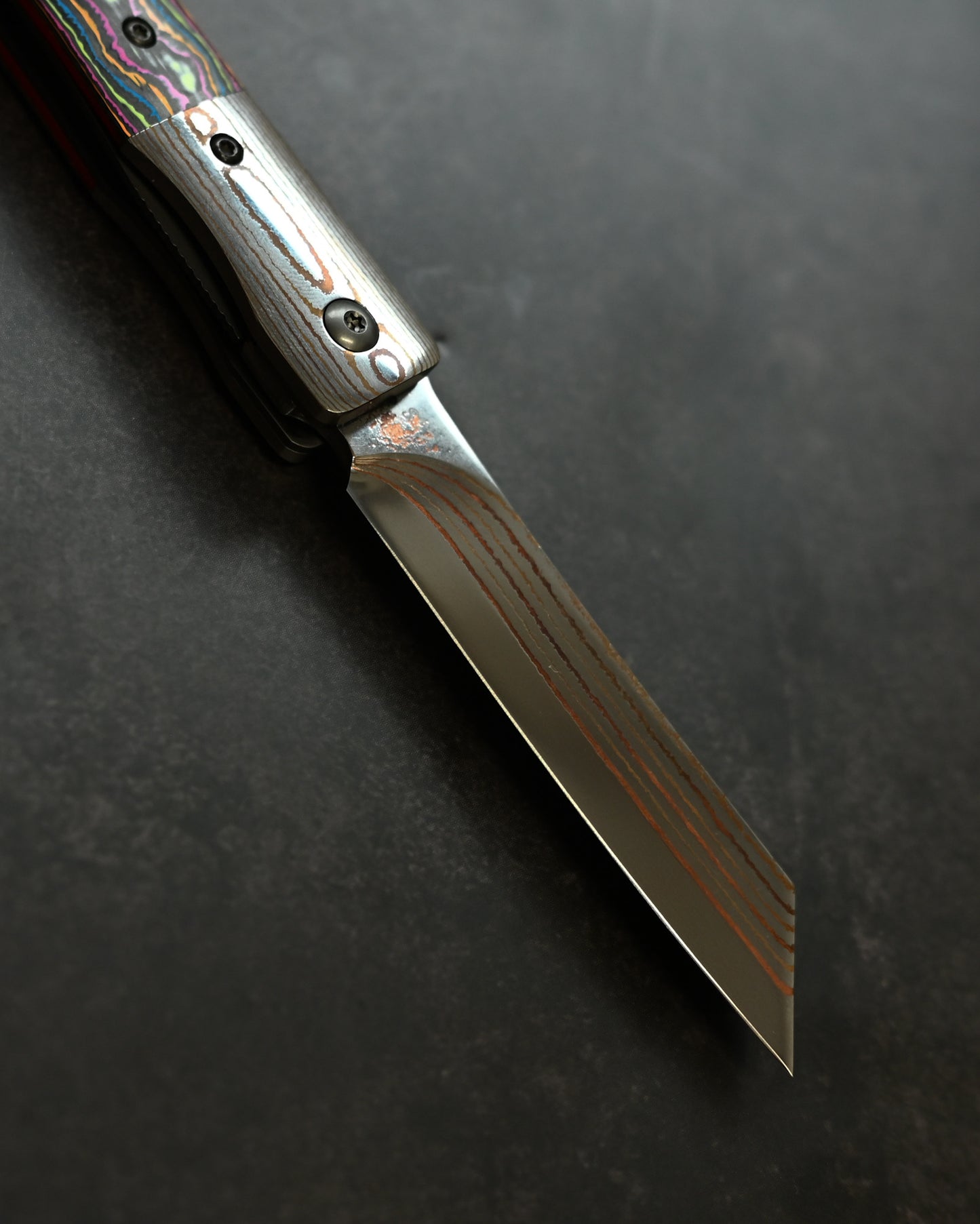 Haoworks Design Eirou  (Shadow Wolf) SG2 Mokume Damascus Folding Knife  Neon Lava Handle