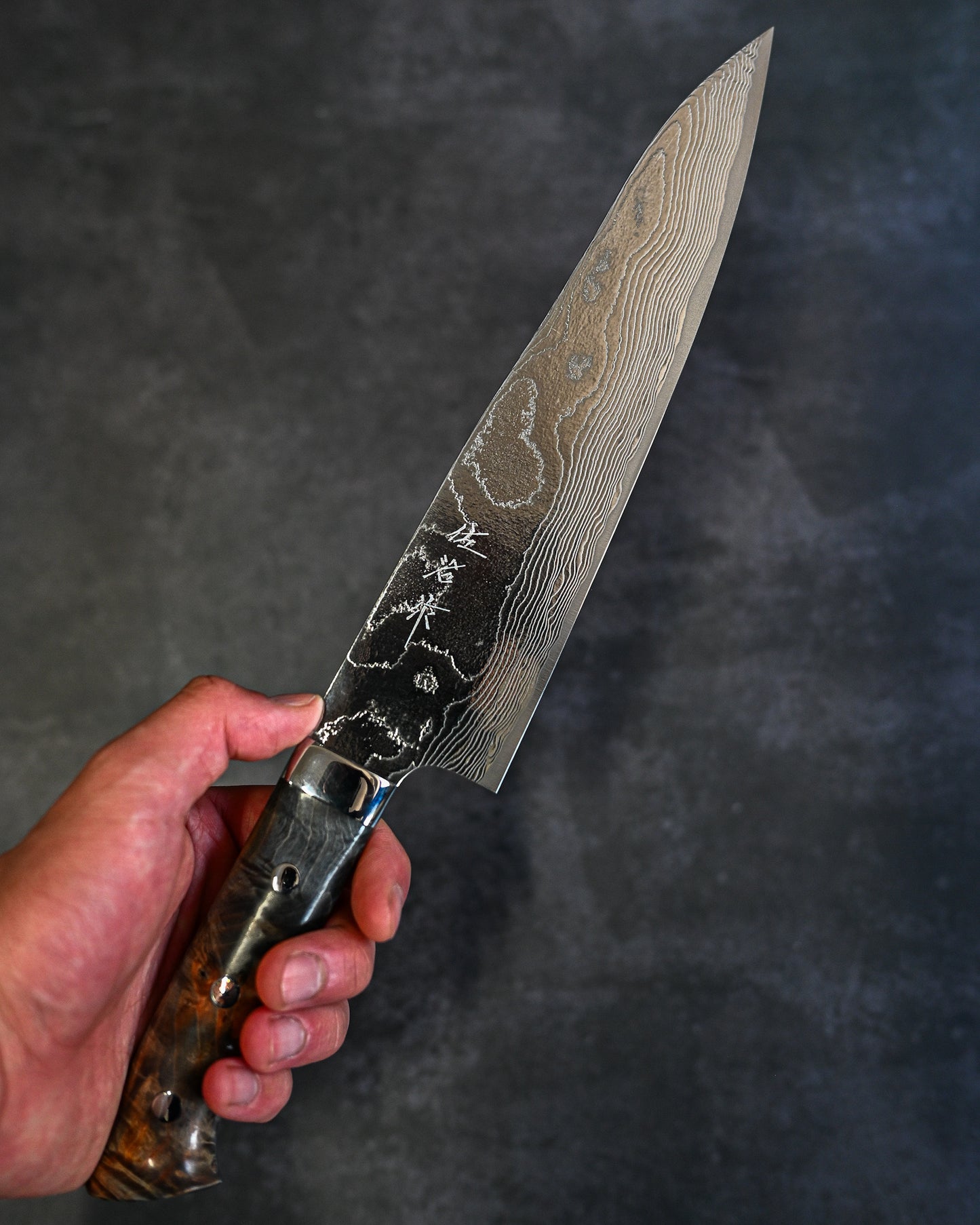 Takeshi Saji VG10 Damascus Gyuto 210mm Diamond Finish Stabilized Wood Handle – Handmade Japanese Chef Knife