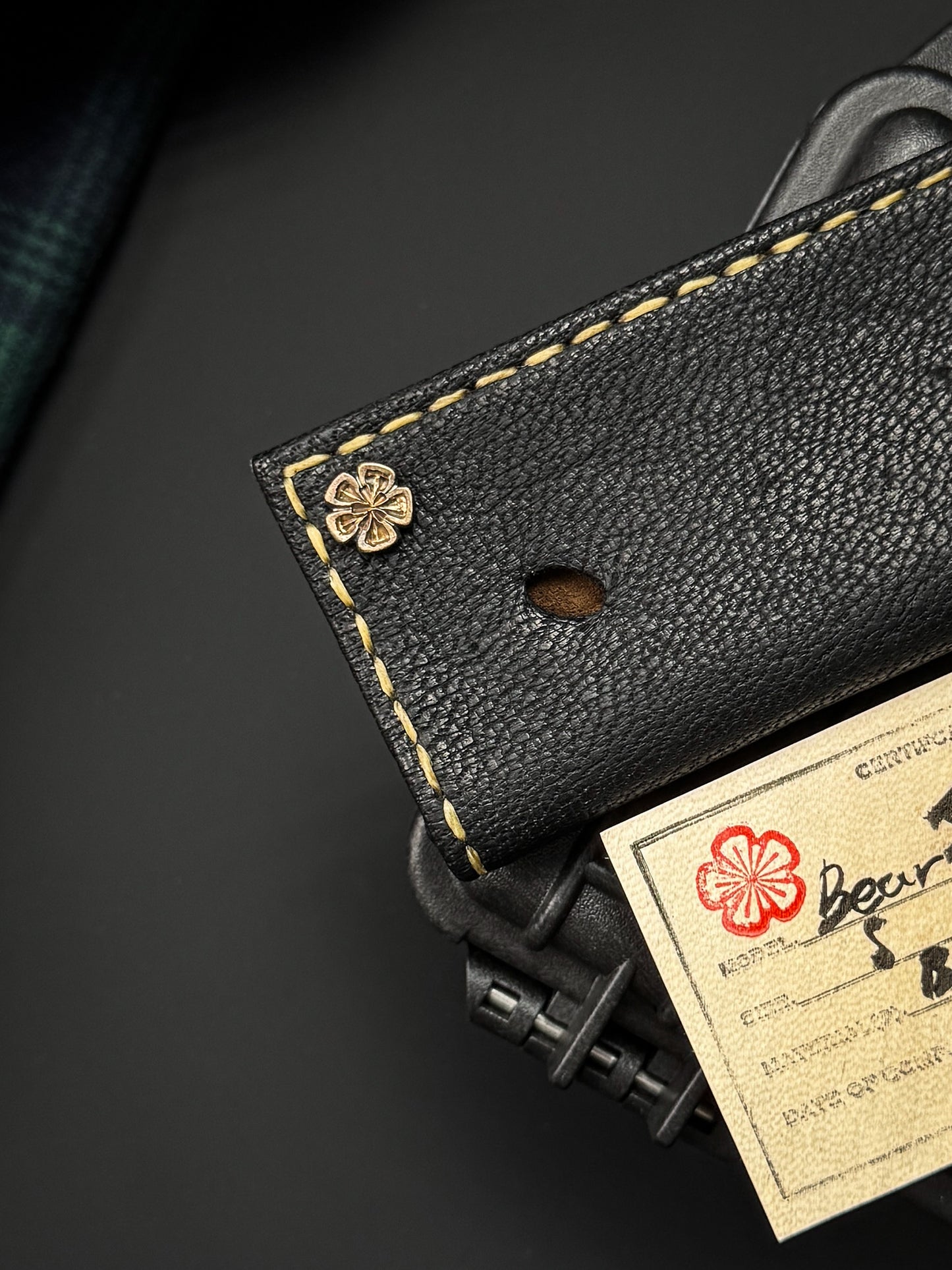Wtopia Handmade Knife Pouch – Aomori Black Bear Leather｜One-Off Japanese Made with Twin Brass Ginkgo Snaps