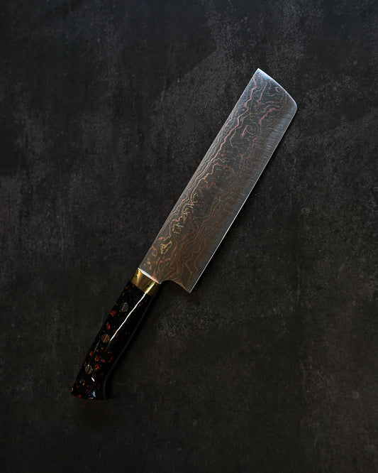 Takeshi Saji Blue Colored Damascus Nakiri 165mm – Black & Brown Corian Handle – Handmade Japanese Kitchen Knife
