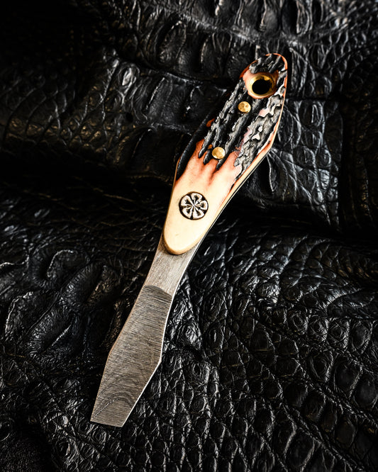Made in Japan Wtopia One-Off ATS34 Laminated Steel “Gray Swan” EDC Pry Bar / Bottle Opener with Hokkaido Deer Antler Handle and Silver Apricot Blossom Inlay