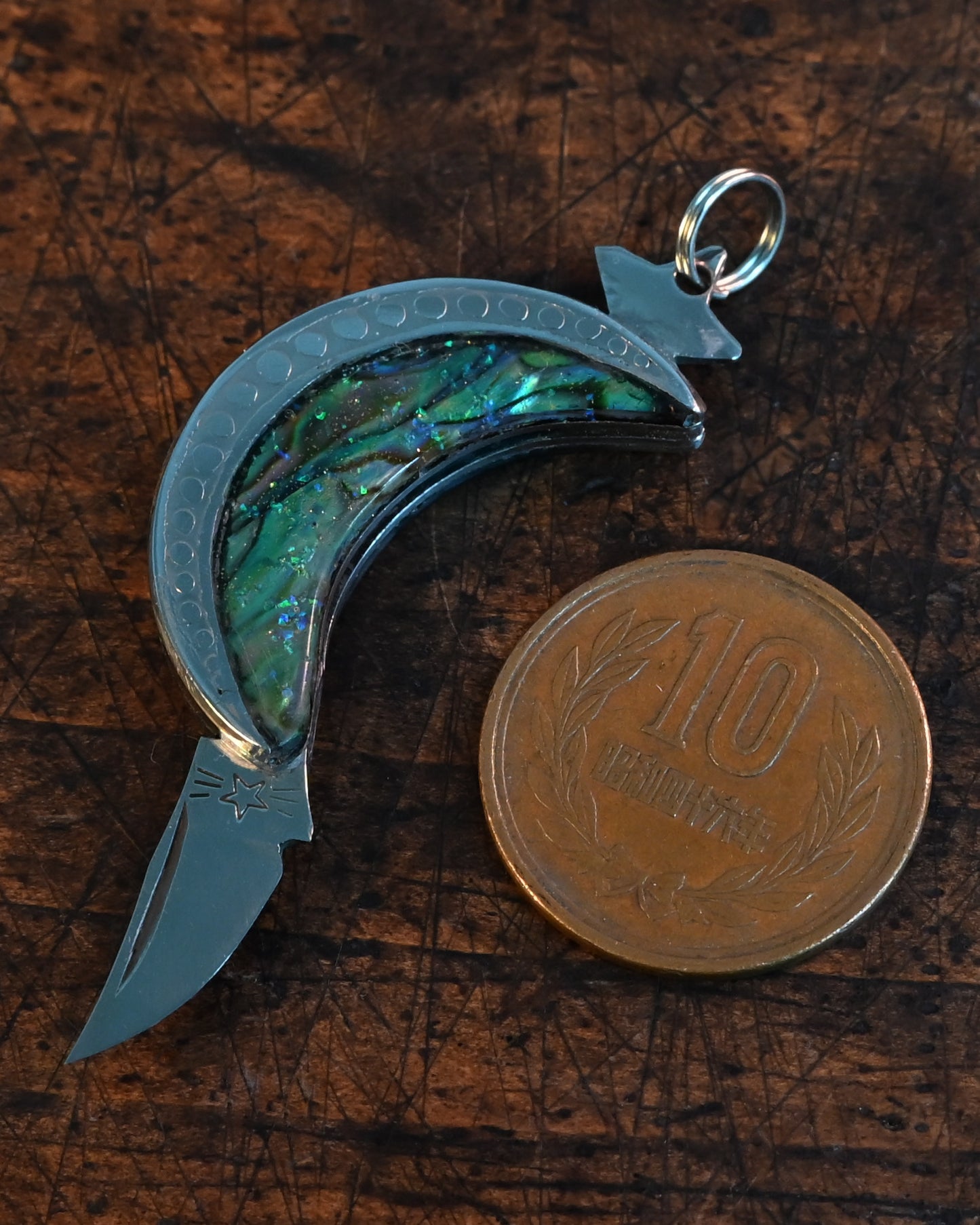 Elegant Mini Moon Necklace - Handmade Art by Katsuhiko Miura, Star and Crescent Abalone Design Letter Opener