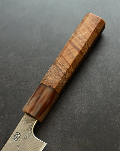 Saruku Homura-Un Petty Knife 135mm Japanese Kitchen Knife SPG2 Damascus  Burl Wood Handle  Buffalo Horn Ferrule