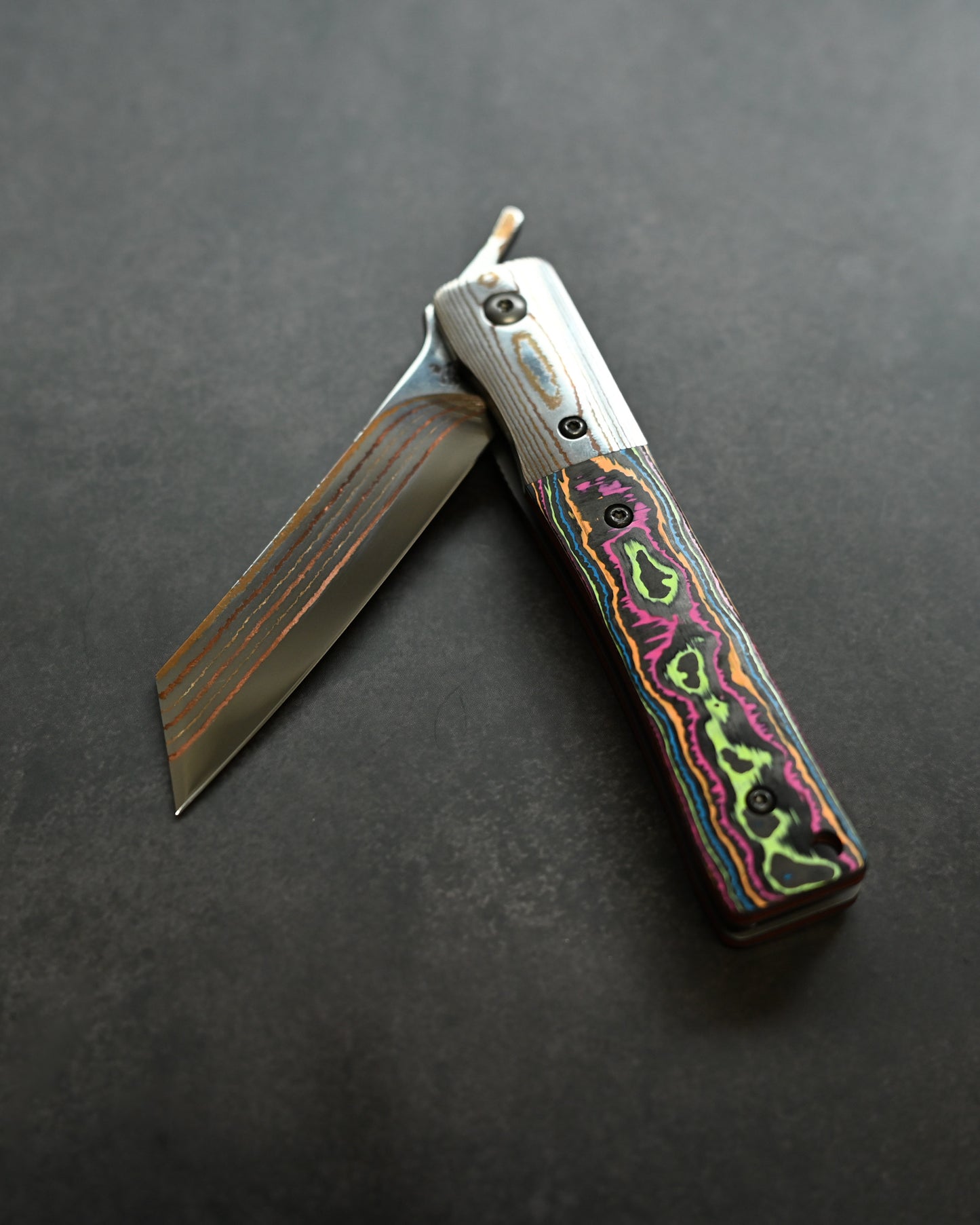 Haoworks Design Eirou  (Shadow Wolf) SG2 Mokume Damascus Folding Knife  Neon Lava Handle