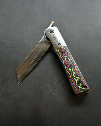 Haoworks Design Eirou  (Shadow Wolf) SG2 Mokume Damascus Folding Knife  Neon Lava Handle