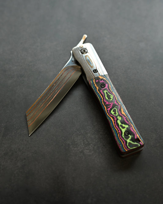 Haoworks Design Eirou  (Shadow Wolf) SG2 Mokume Damascus Folding Knife  Neon Lava Handle