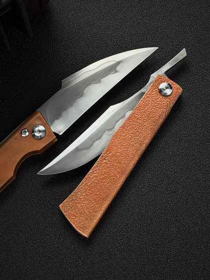 Handmade Higonokami-Style EDC Custom Folding Knife Orange-Peel Copper Handle with W2 Hamon Blade
