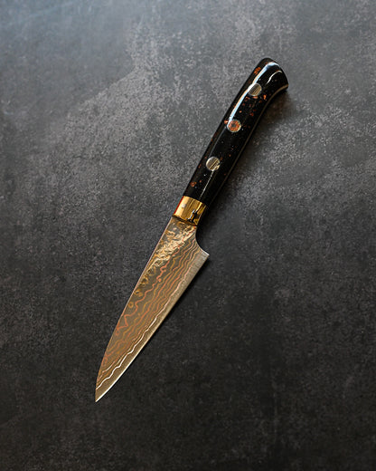 佐治武士 V金10W 有色ダマスカス ペティ 90mm ミガキ仕上げ 黒茶コーリアンハンドル