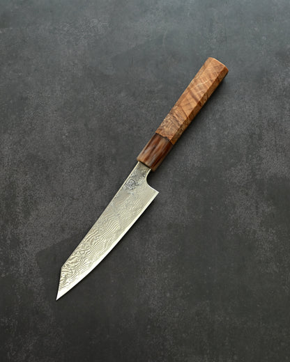 Saruku Homura-Un Petty Knife 135mm Japanese Kitchen Knife SPG2 Damascus  Burl Wood Handle  Buffalo Horn Ferrule