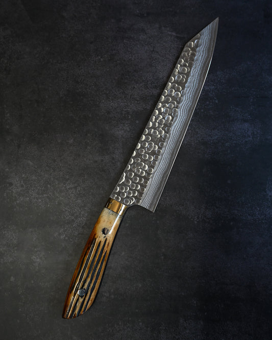 Takeshi Saji Tsuchime Damascus Gyuto 240mm – Deer Antler Handle – Handmade Japanese Chef Knife