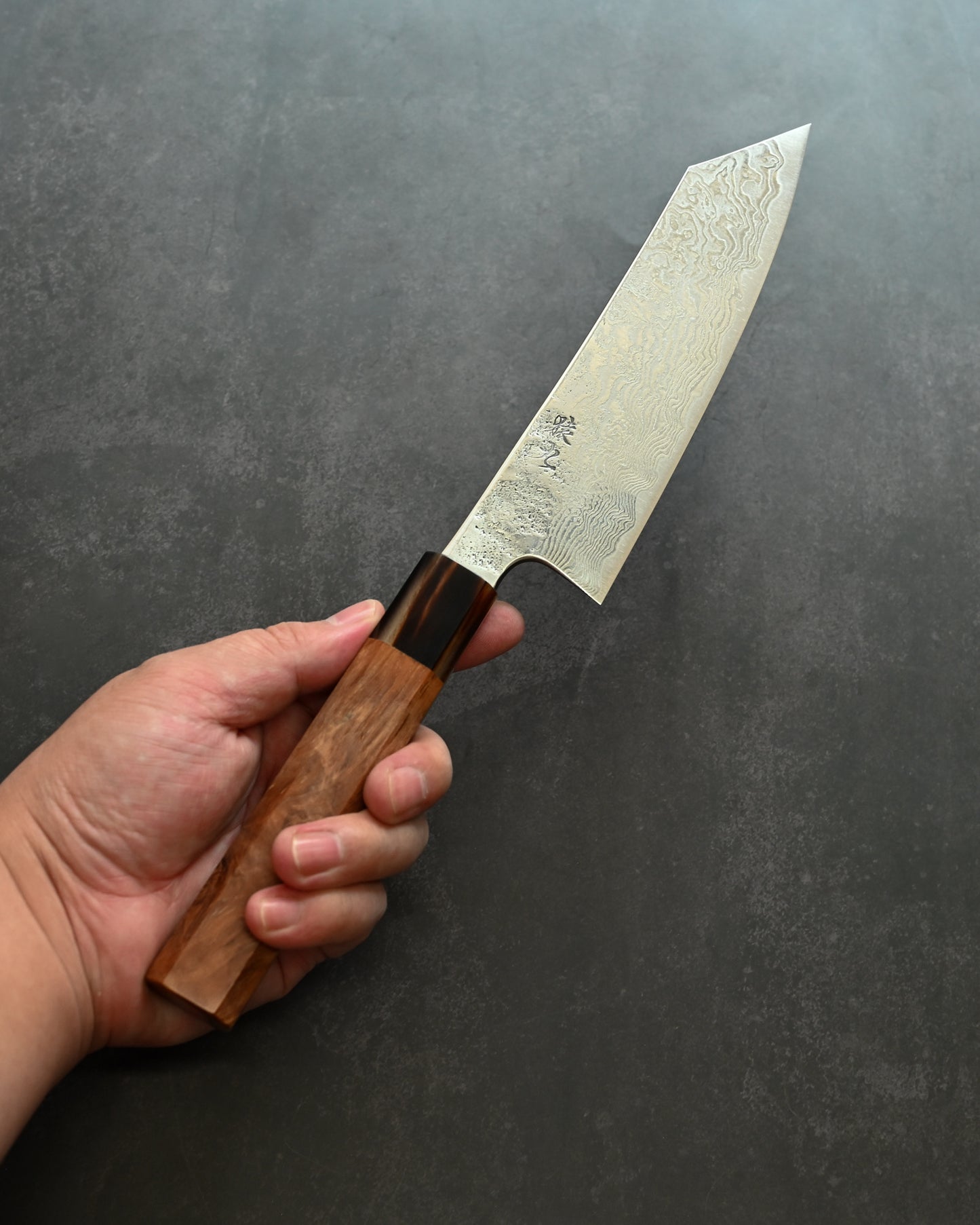 Saruku Homura-Un Knife 165mm Japanese Kitchen Knife SPG2 Damascus  Burl Wood Handle  Buffalo Horn Ferrule