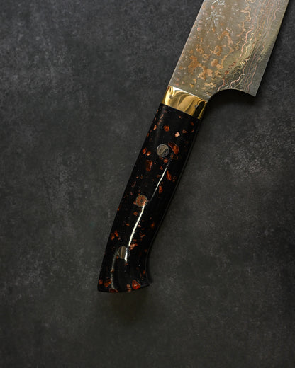 佐治武士 V金10W 有色ダマスカス 牛刀 240mm 黒茶コーリアンハンドル 手打ち包丁