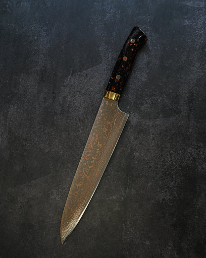佐治武士 V金10W 有色ダマスカス 牛刀 240mm 黒茶コーリアンハンドル 手打ち包丁