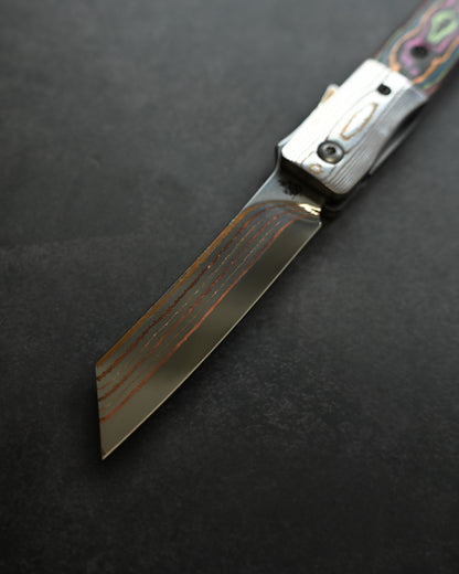 Haoworks Design Eirou  (Shadow Wolf) SG2 Mokume Damascus Folding Knife  Neon Lava Handle